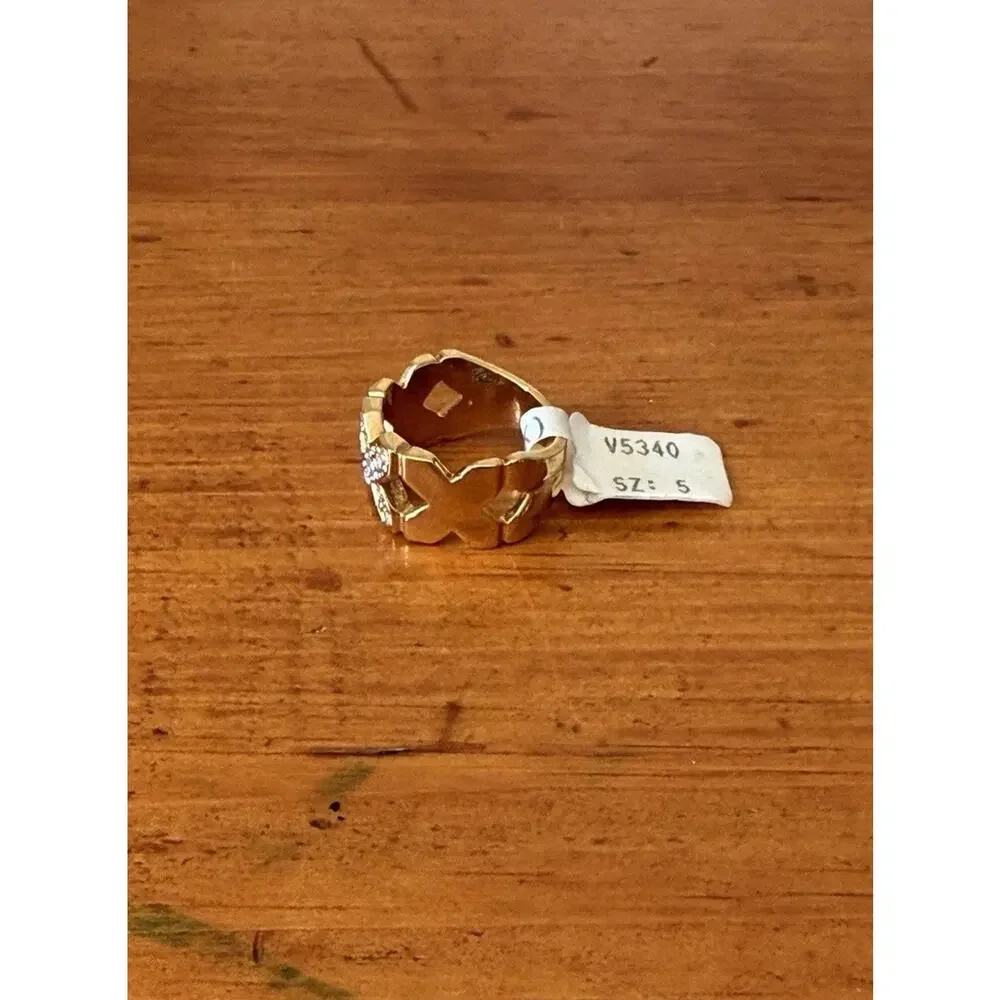Vintage 18K HGE Gold Plated X Motif Austrian Crystal Ring Size 5 USA